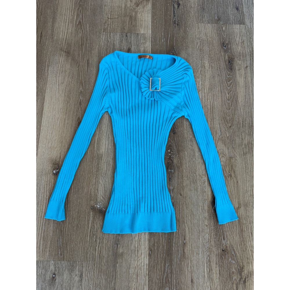 Belldini Y2K Minimalist Knit Top Women S Turquoise Blue Ribbed Rosette Buckle